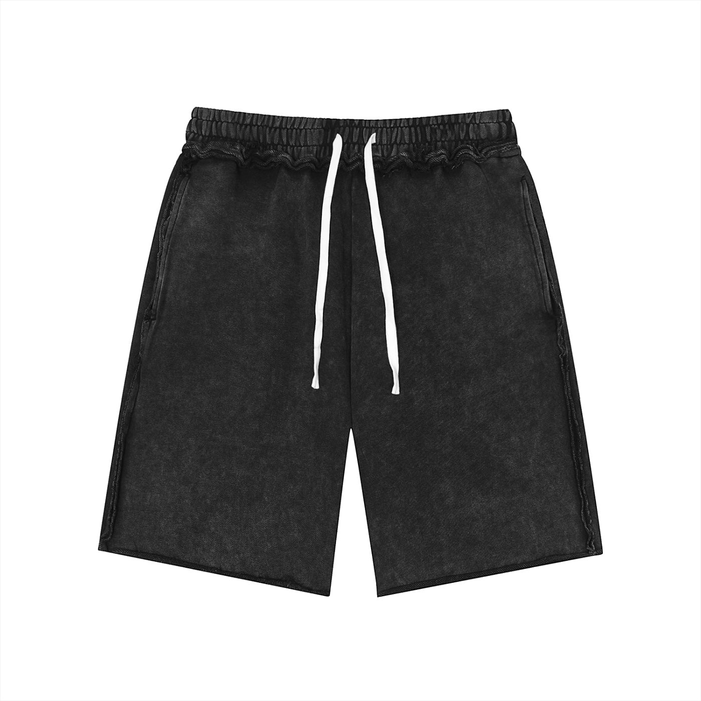 Anointed Garments unisex black mineral wash cotton shorts with a mid-waist, loose fit, and raw edge hem detail.