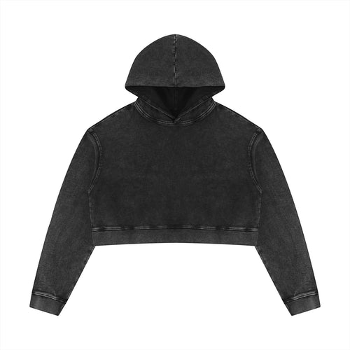 Anointed Garments women's black mineral washed crop hoodie in 100% cotton with a drop shoulder and loose fit.
