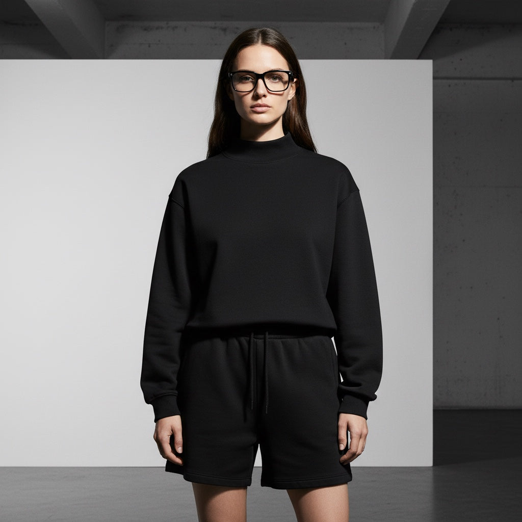 A woman wearing an Anointed Garments black mock neck pullover sweatshirt and matching shorts in a minimalist studio.