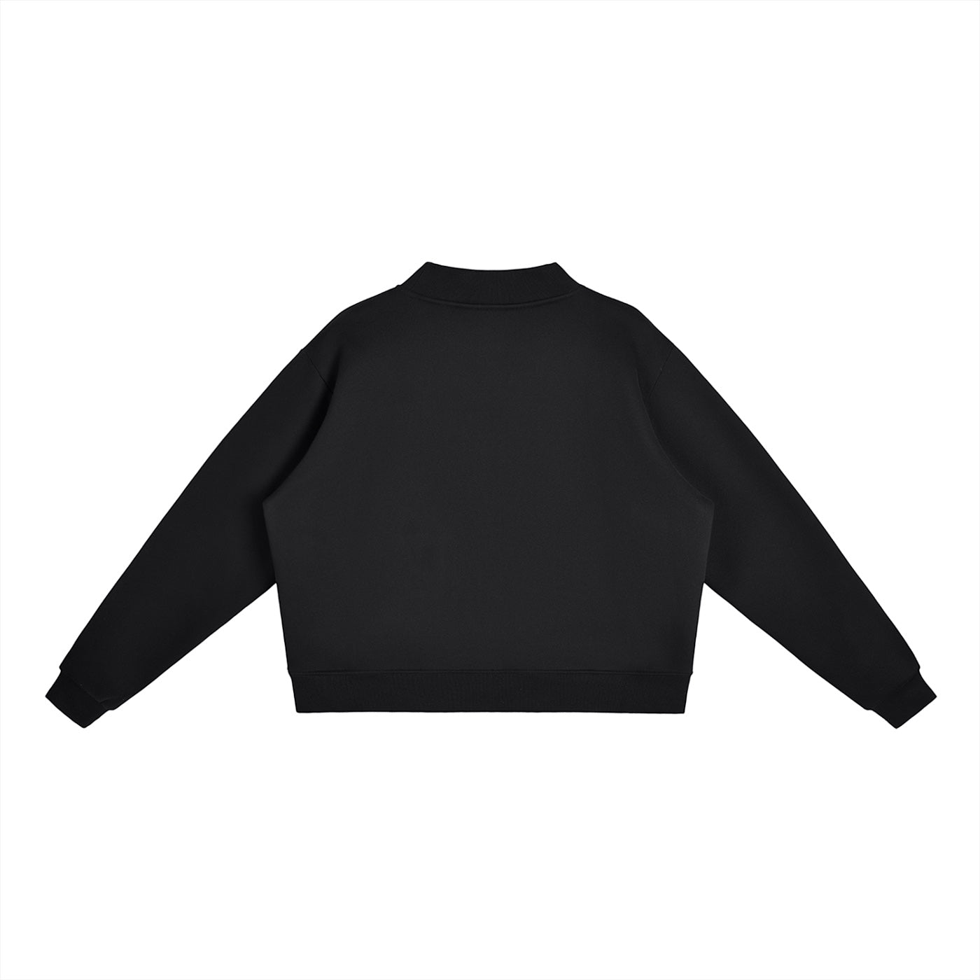 Anointed Garments black oversized mock-neck sweatshirt with drop shoulders and ribbed cuffs, back view.