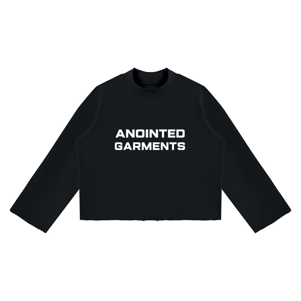 Anointed Garments unisex black mock neck sweatshirt with a boxy fit, drop shoulders, and raw edge hem.