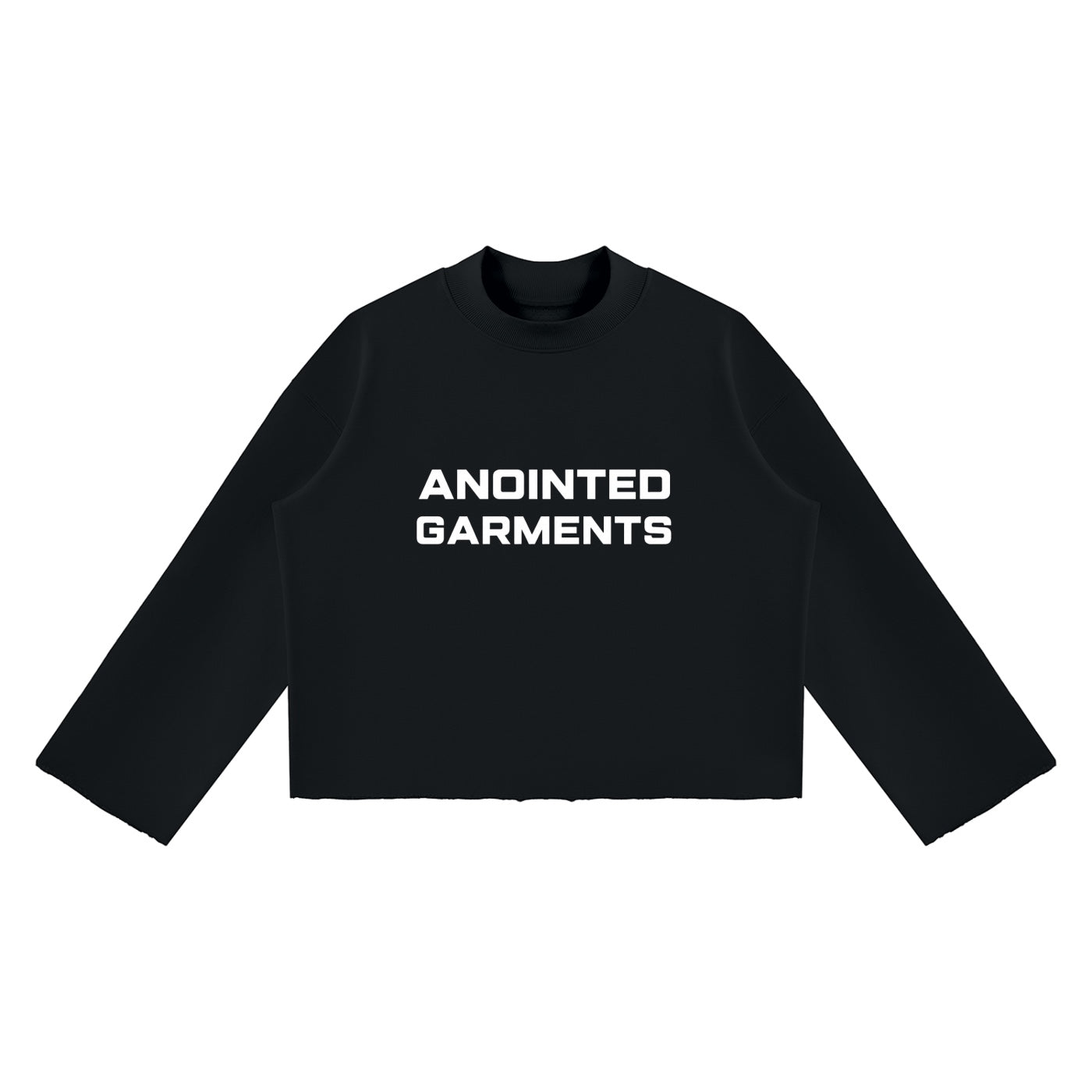 Anointed Garments unisex black mock neck sweatshirt with a boxy fit, drop shoulders, and raw edge hem.