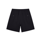 Anointed Garments black lightweight athletic nylon shorts with an elastic waistband and slash pockets, back view.