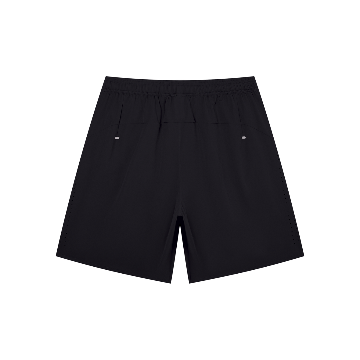 Anointed Garments black lightweight athletic nylon shorts with an elastic waistband and slash pockets, back view.