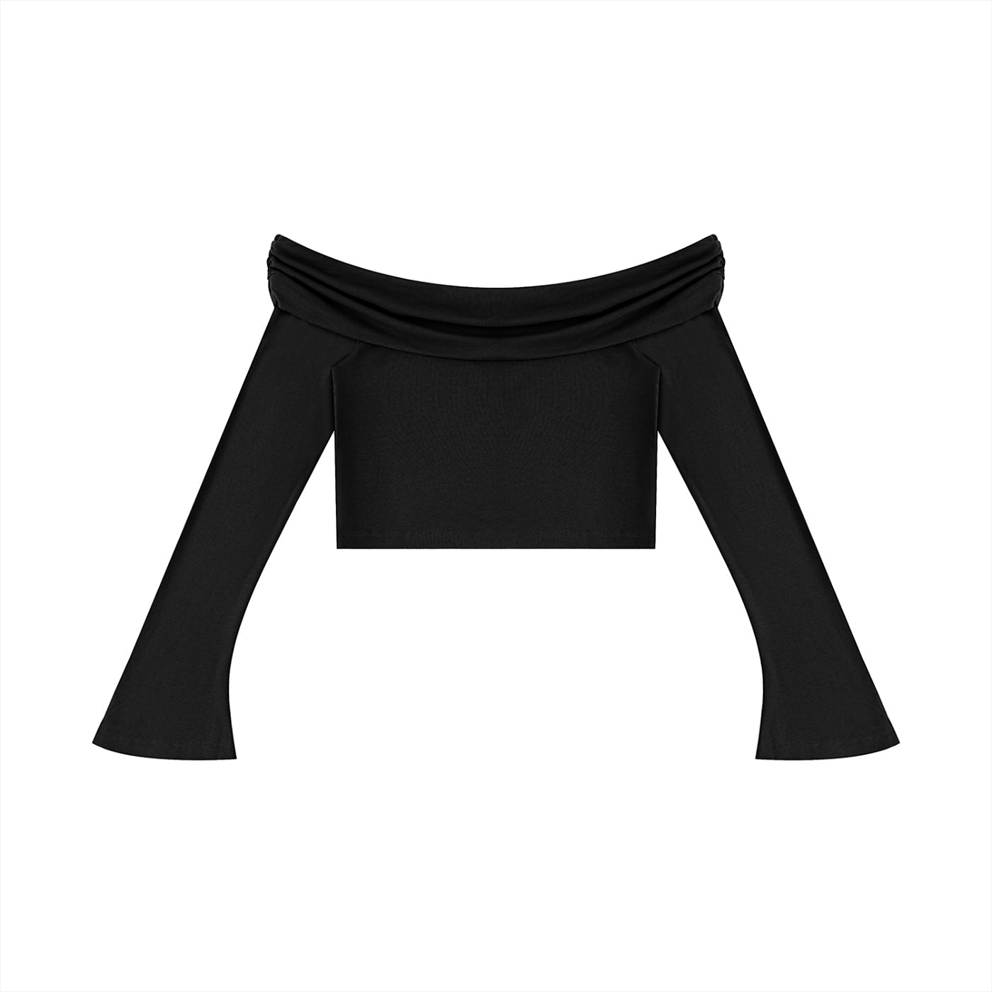 Anointed Garments black off-the-shoulder long sleeve crop top with flared cuffs and ruched neckline in soft rayon blend