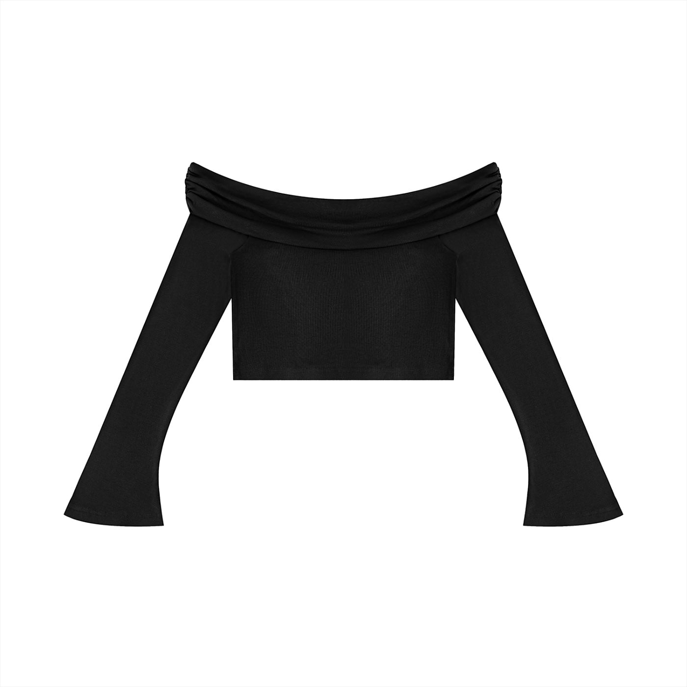Anointed Garments black off-the-shoulder long sleeve crop top with flared cuffs and ruched neckline detail.