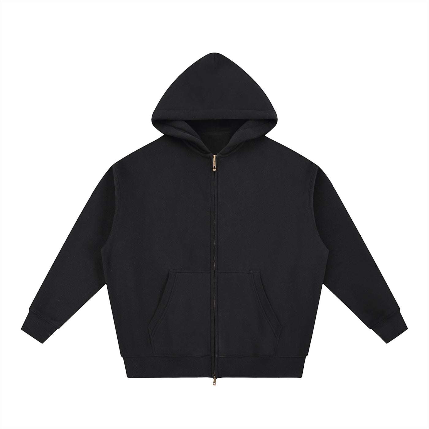 Anointed Garments black oversized fleece zip-up hoodie with a boxy fit, hood, and front pockets.