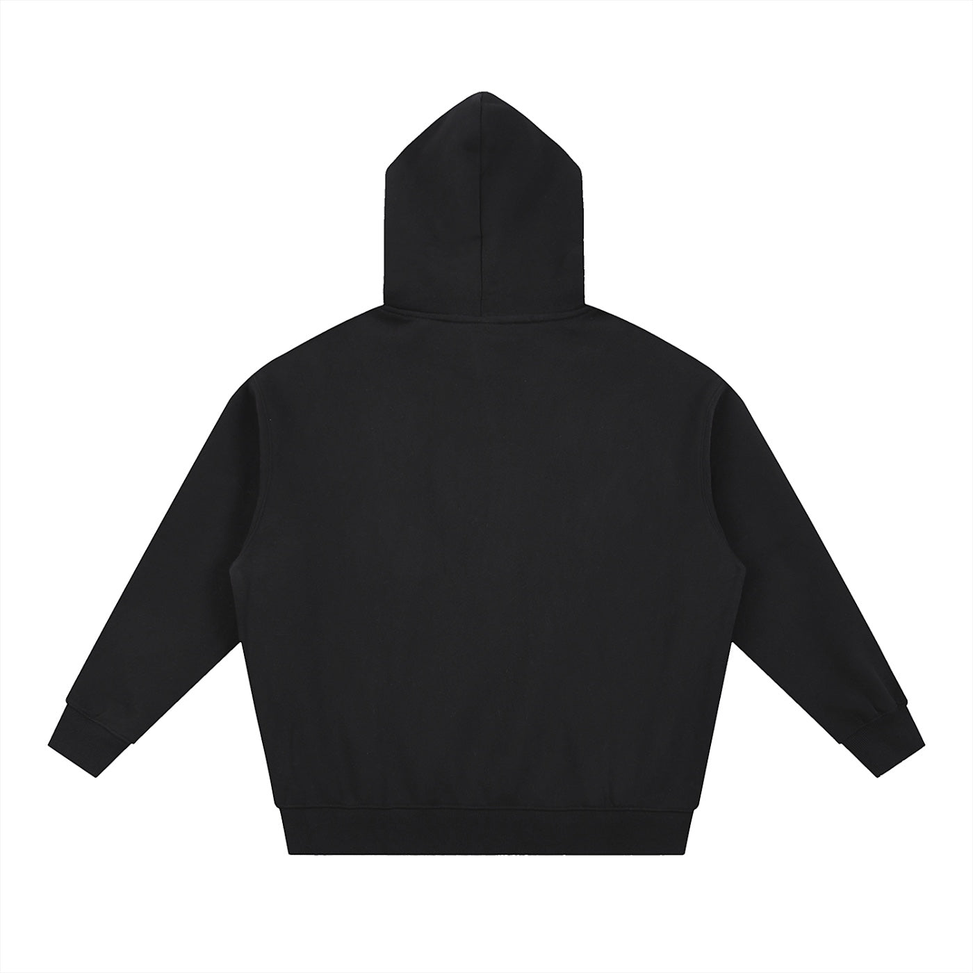 Anointed Garments black oversized fleece hoodie, back view, featuring a boxy fit and drop shoulders.