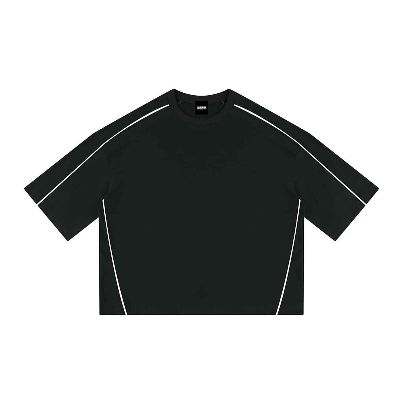 Anointed Garments black oversized cotton t-shirt with white piping details on shoulders and sides.
