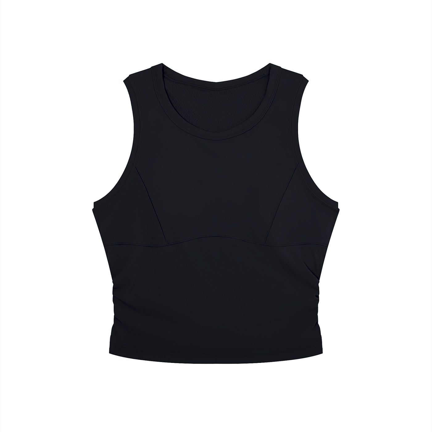 Anointed Garments black sleeveless performance crop top with a round neck and moisture-wicking nylon-elastane fabric.