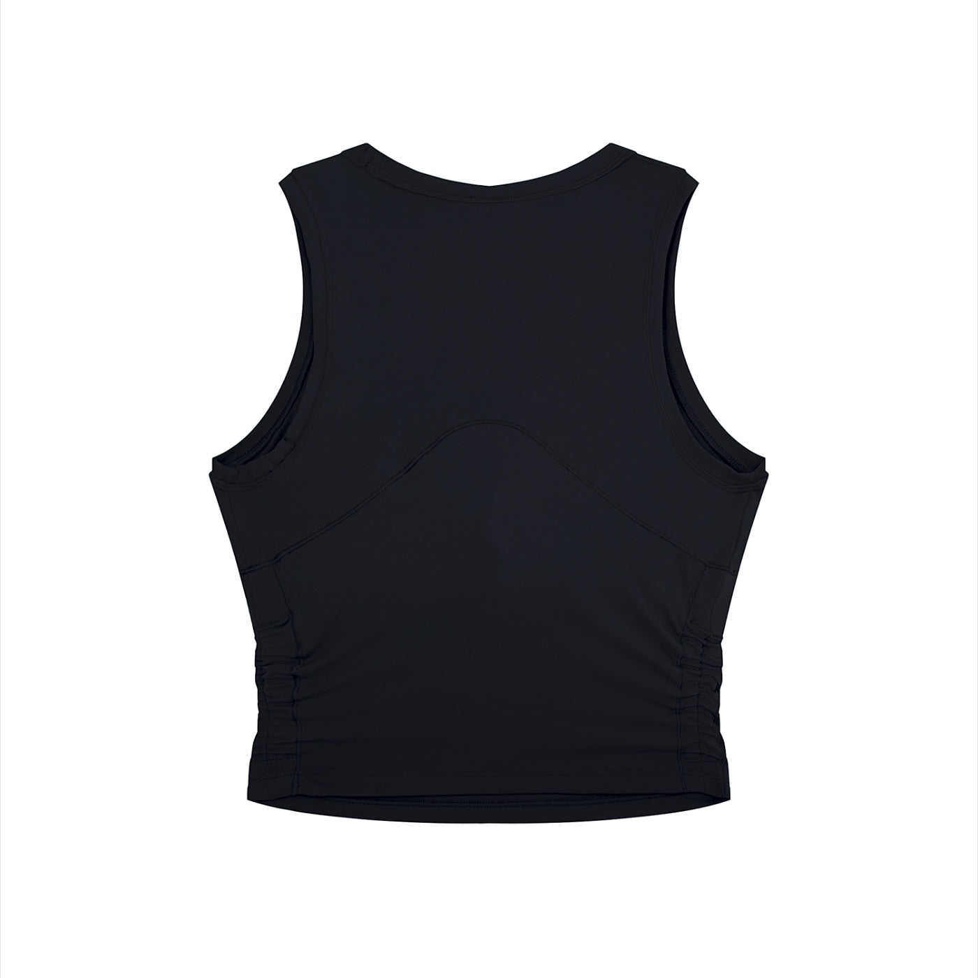 Anointed Garments black sleeveless performance crop top with ruched sides and moisture-wicking fabric, back view.