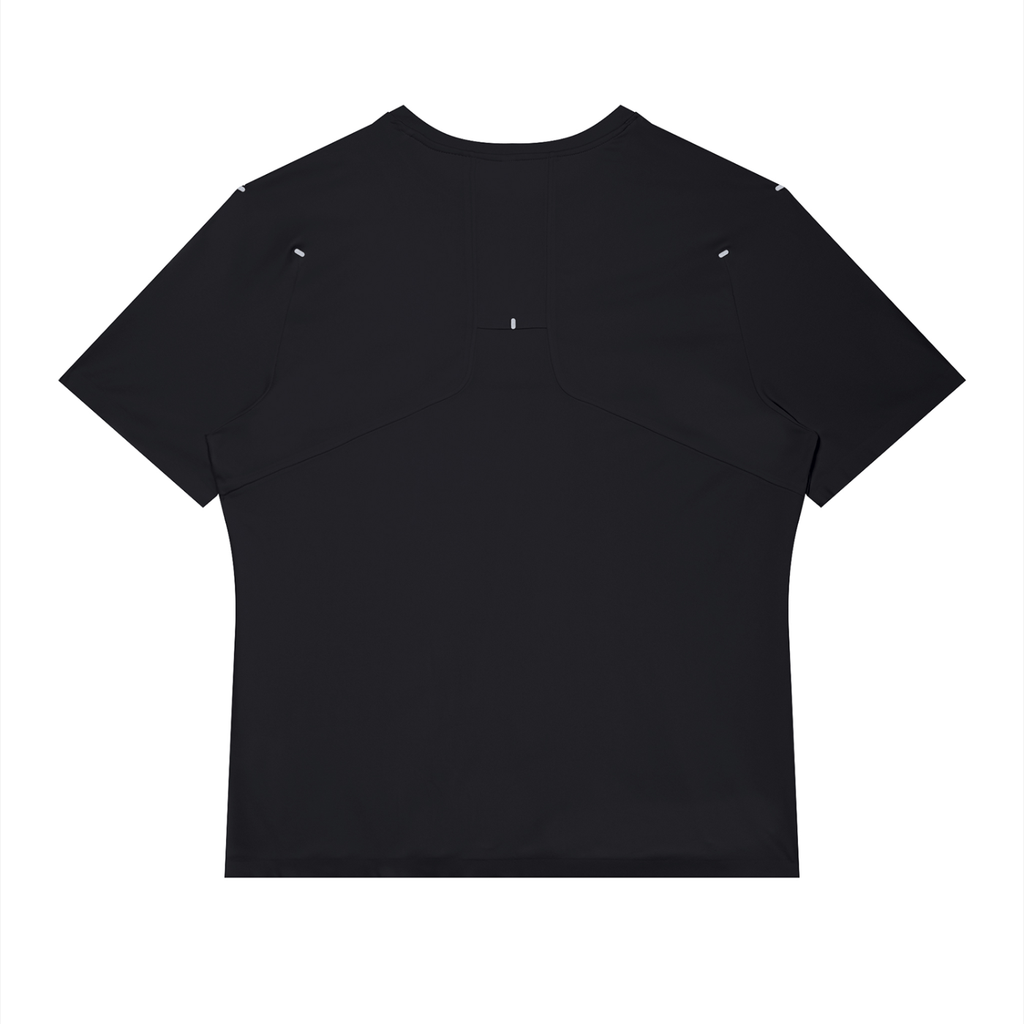 Back view of Anointed Garments black performance raglan tee in lightweight polyester with short sleeves.