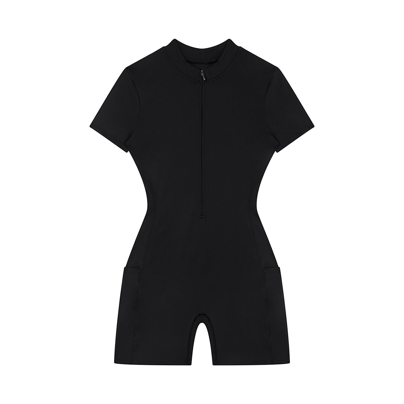 Anointed Garments black short sleeve performance romper with a front zipper, mock neck, and side pockets.