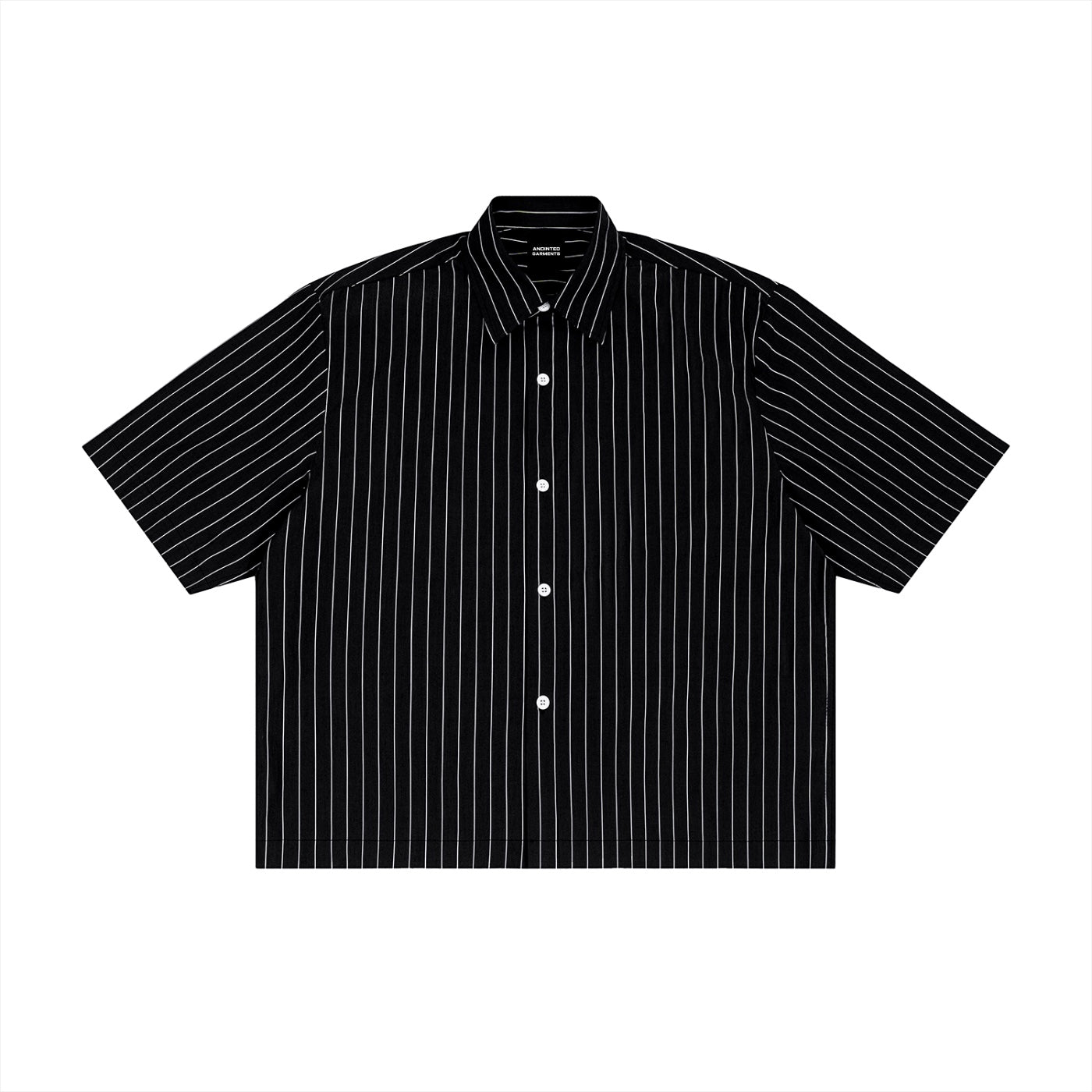 Anointed Garments short sleeve black button down shirt with white pinstripes, lapel collar, and relaxed fit.