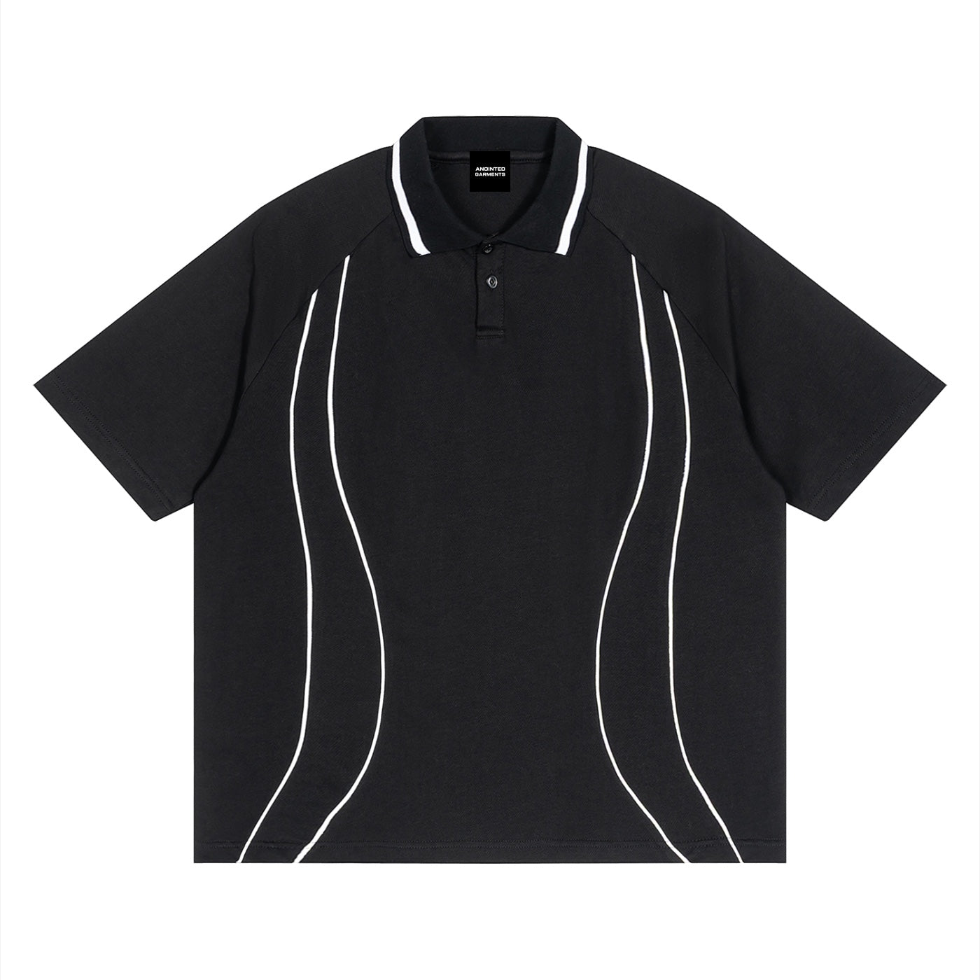 Anointed Garments unisex black cotton polo shirt with white raglan piping, short sleeves, and a lapel collar.