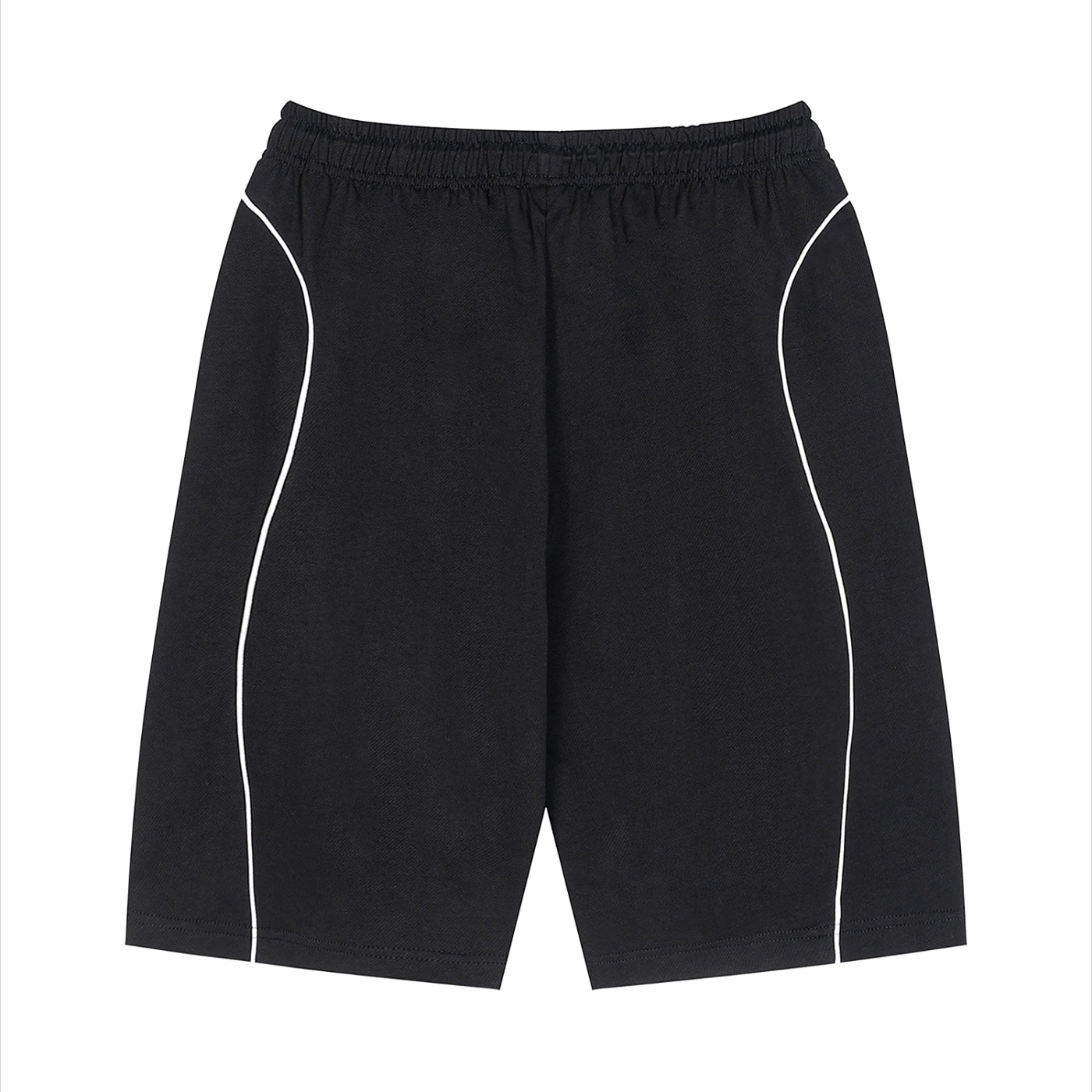 Anointed Garments black unisex cotton shorts featuring white side piping, an elastic drawstring waist, and a loose fit.