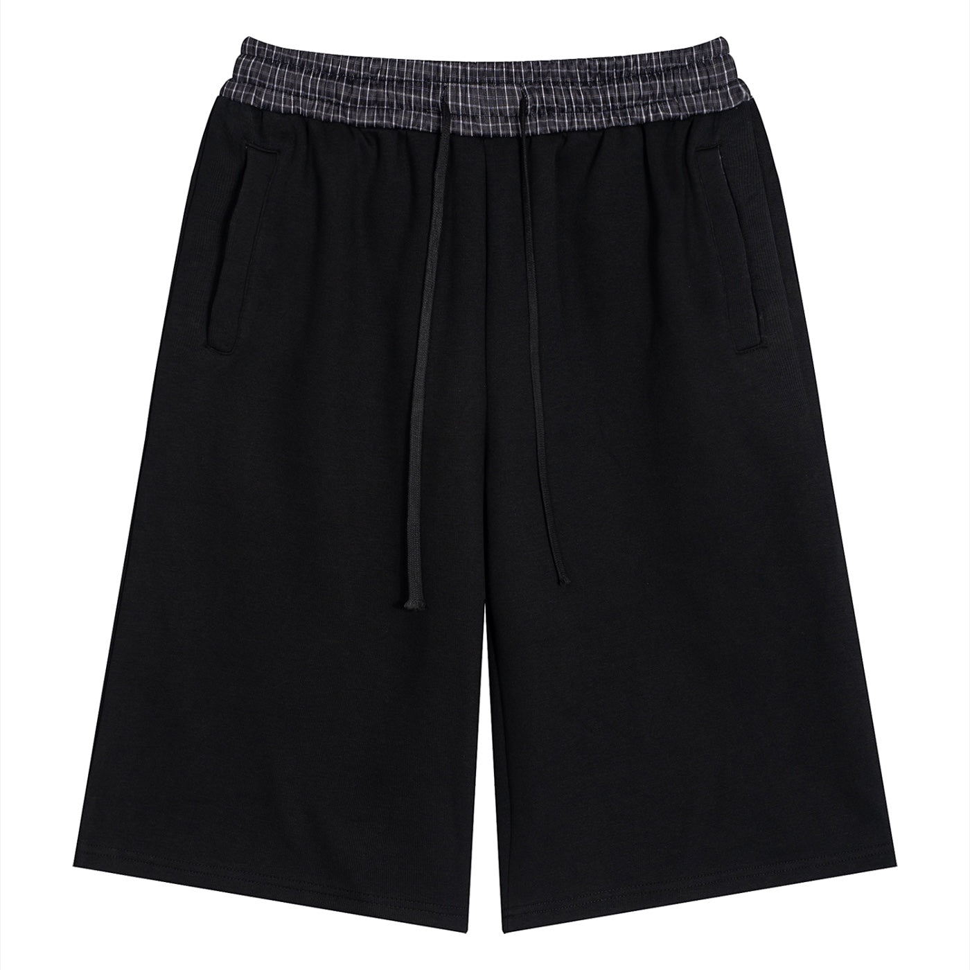 Anointed Garments black lounge shorts with a grey plaid elastic waistband, drawstring closure, and side pockets.
