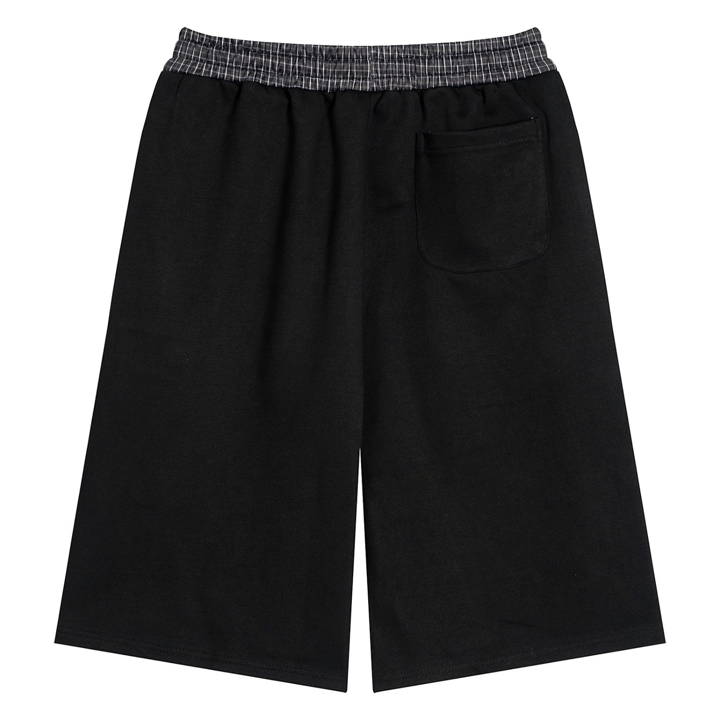 Anointed Garments black lounge shorts with a plaid elastic waistband and a rear patch pocket, back view.
