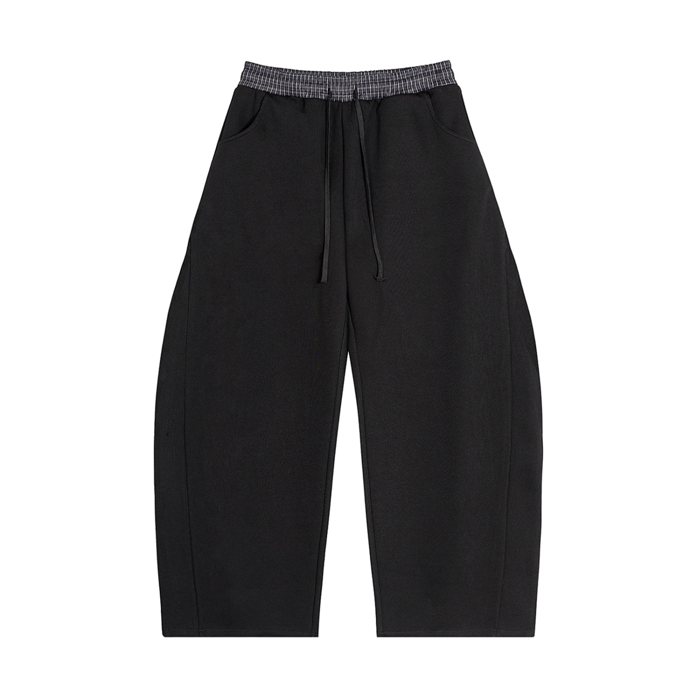 Anointed Garments black relaxed fit lounge sweatpants with a contrasting plaid elastic waistband and drawstring.
