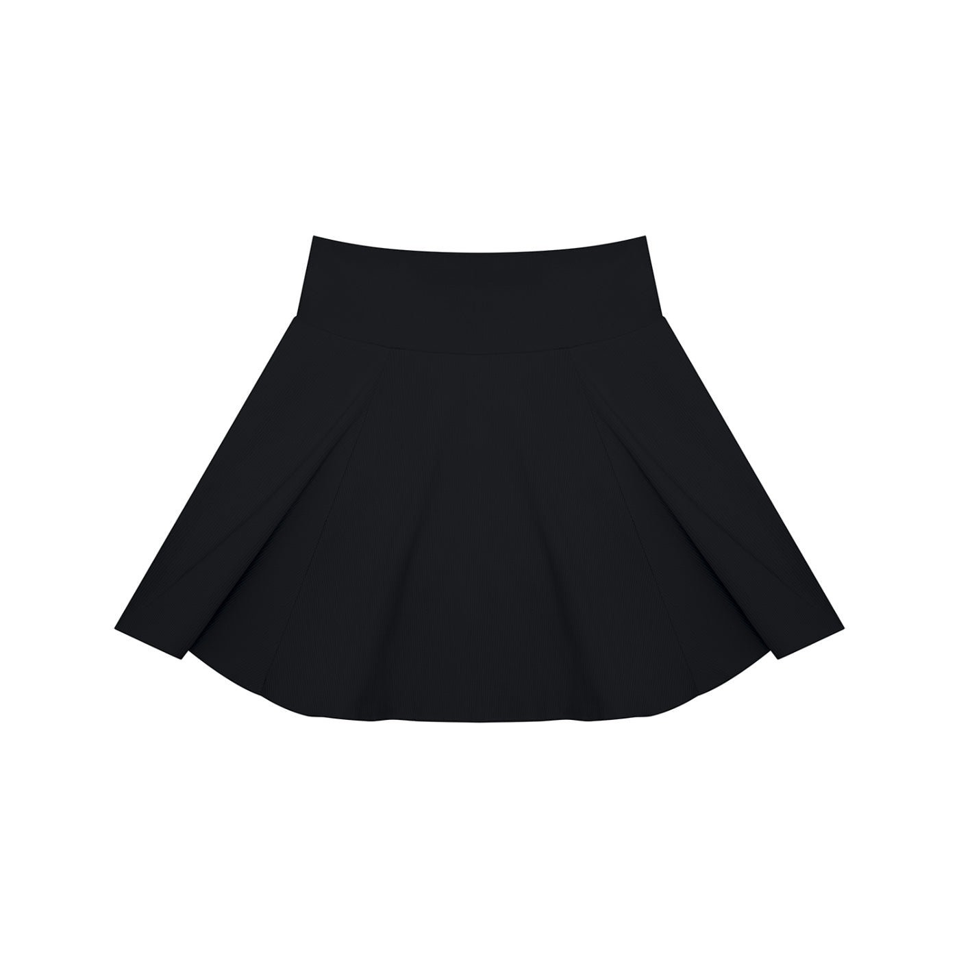 Anointed Garments black high-waisted pleated knit mini skirt with a wide waistband and flared silhouette.