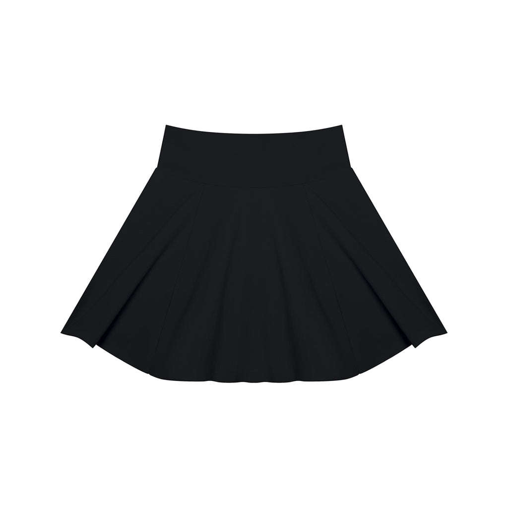 Anointed Garments black pleated knit mini skirt with a high-rise waistband and flared silhouette.