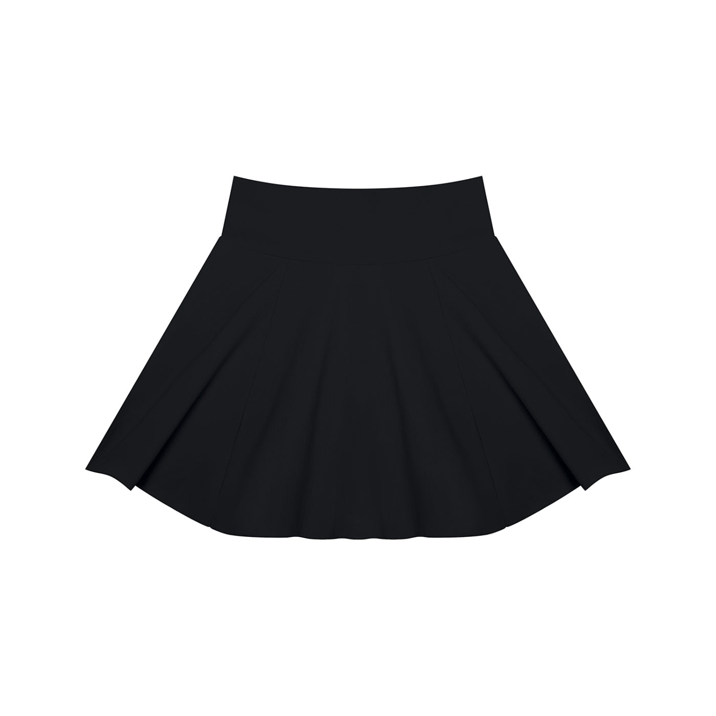 Anointed Garments black pleated knit mini skirt with a high-rise waistband and flared silhouette.