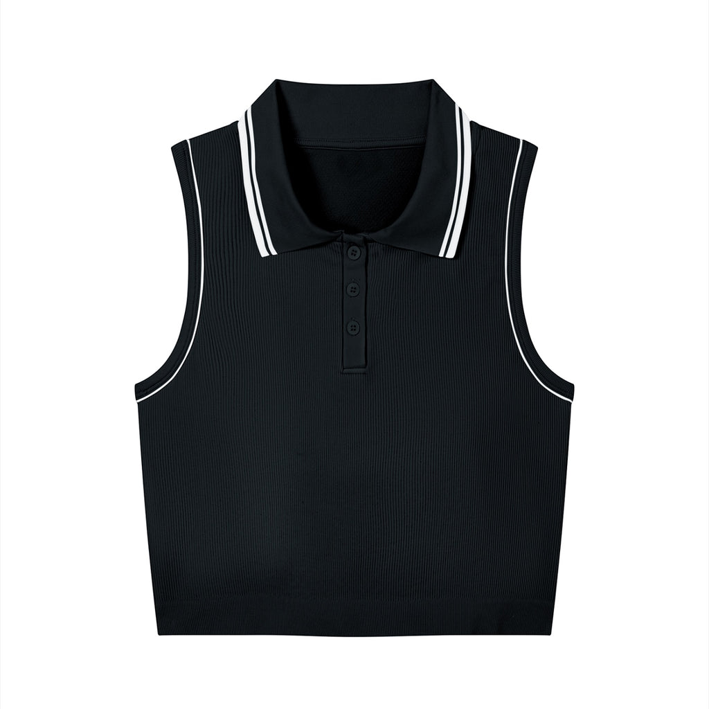 Anointed Garments black sleeveless polo yoga crop tank top with white trim, ribbed nylon fabric, and button placket.