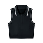 Anointed Garments black sleeveless polo yoga crop tank top with white trim, ribbed nylon fabric, and button placket.