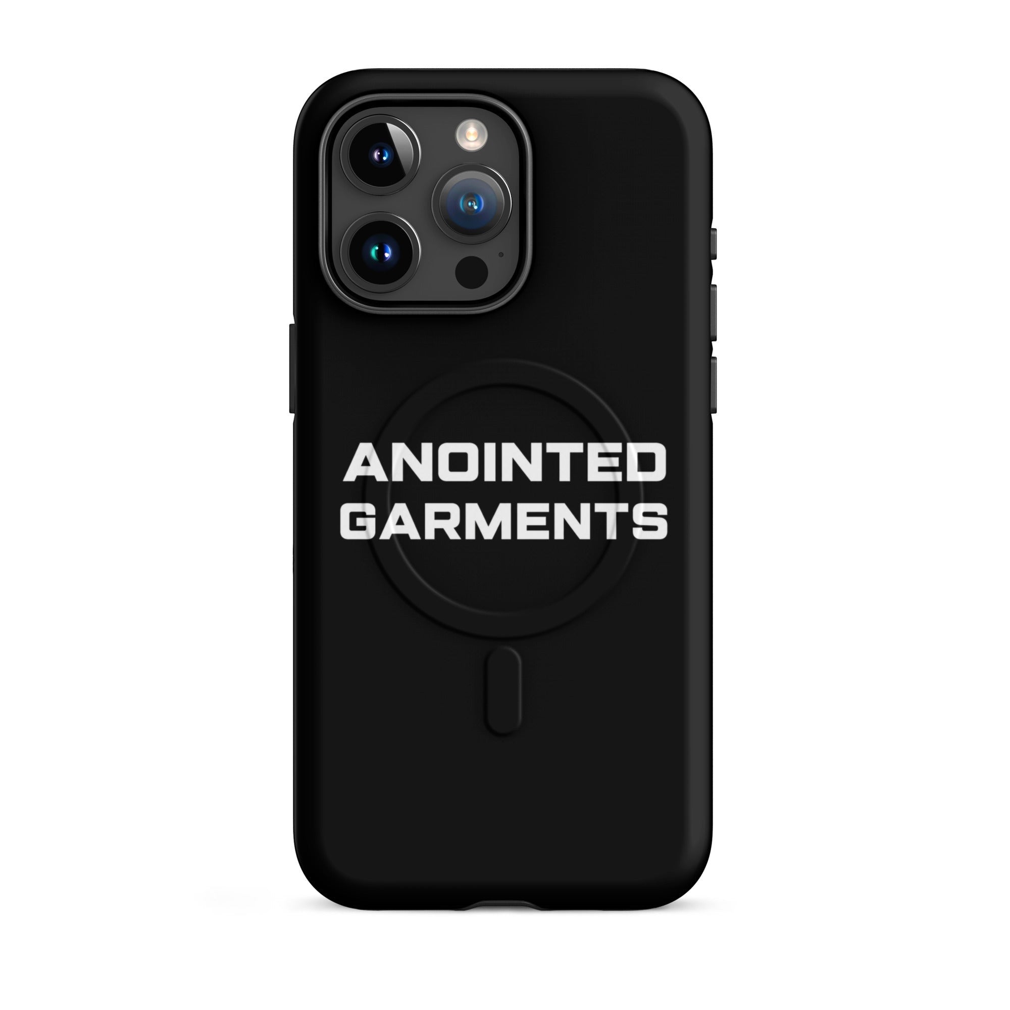 Anointed Garments black matte protective smartphone case with MagSafe compatibility and white logo branding.