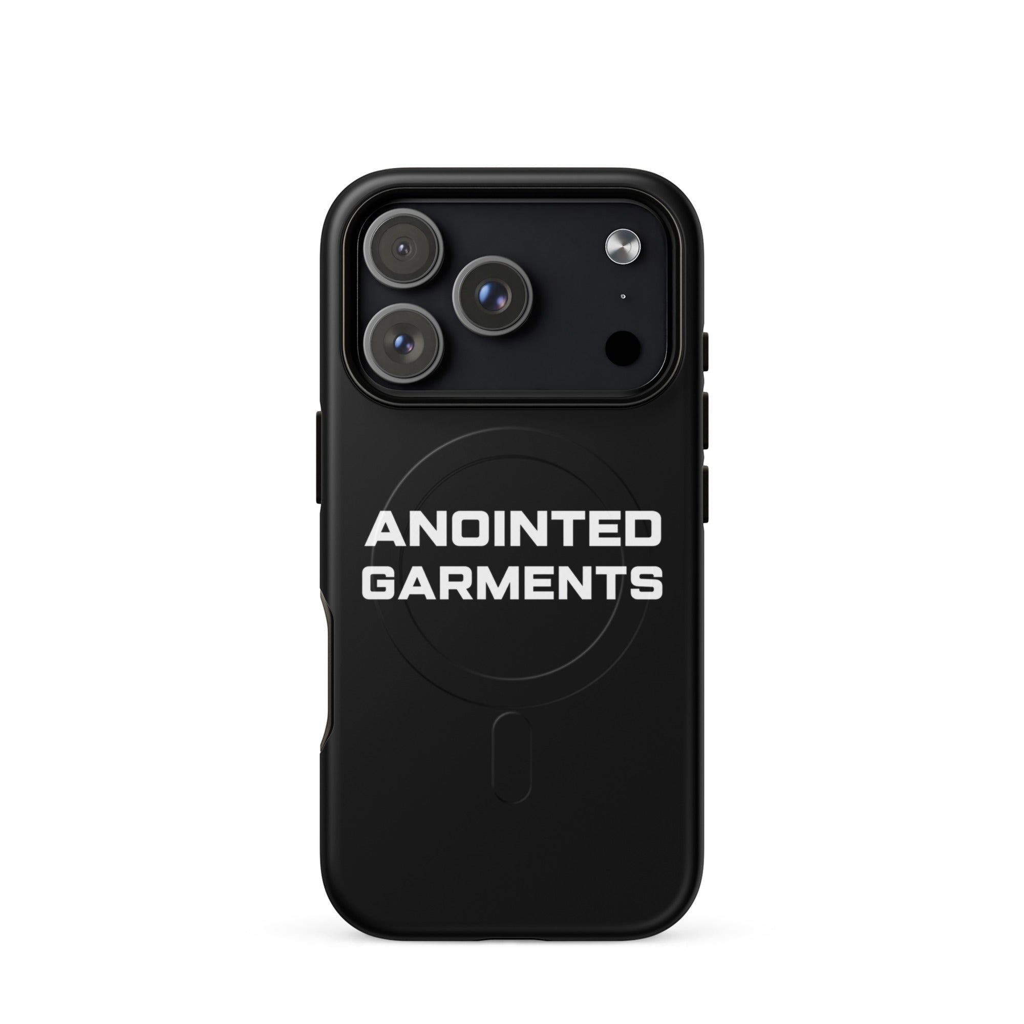 Anointed Garments black protective smartphone case with matte finish and MagSafe compatibility on a white background.