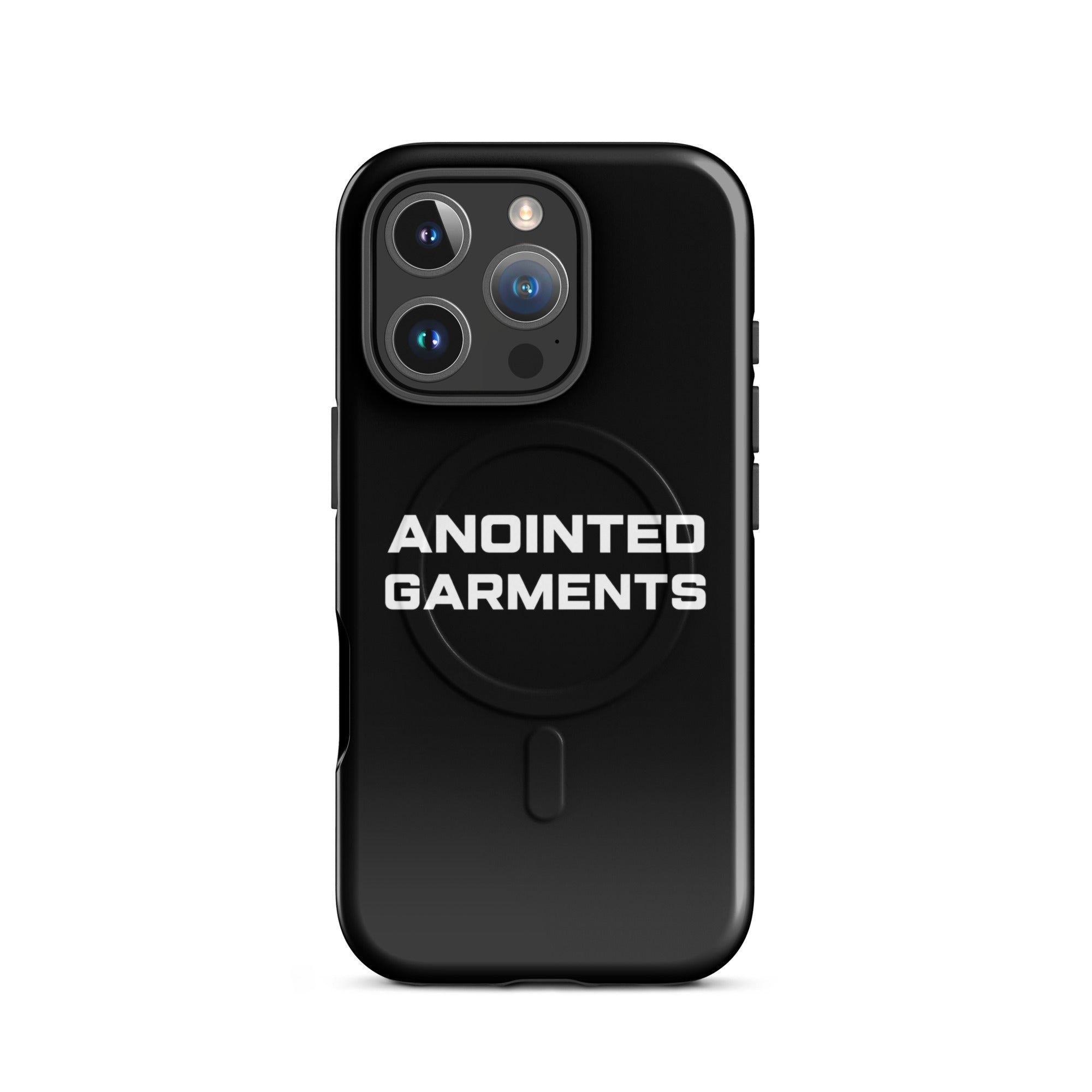 Anointed Garments black protective smartphone case with MagSafe compatibility and minimalist branding.