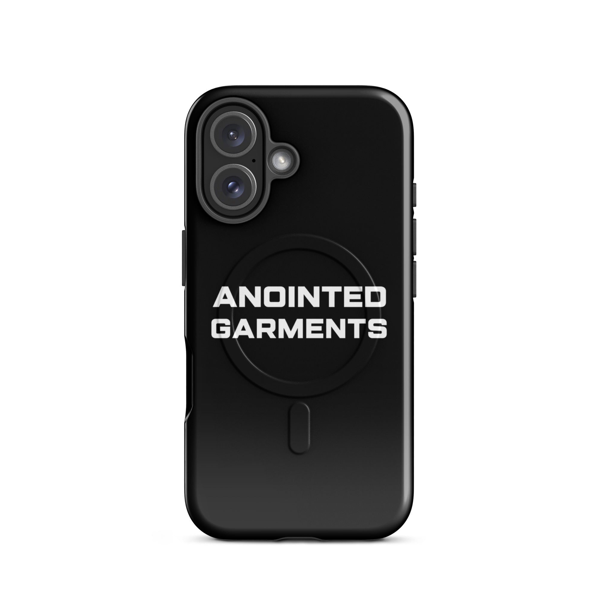 Anointed Garments black protective smartphone case with MagSafe compatibility and minimalist branding.