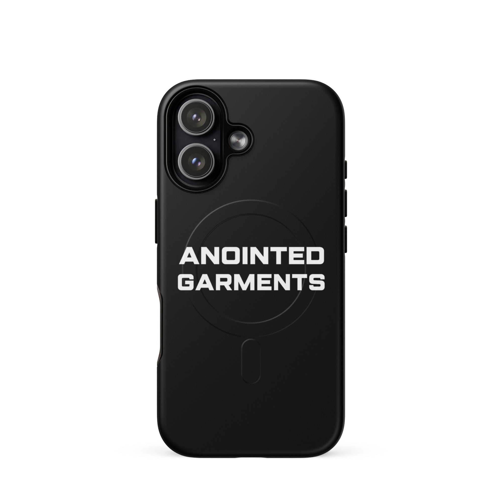 Anointed Garments black matte protective smartphone case with MagSafe compatibility and minimalist branding.