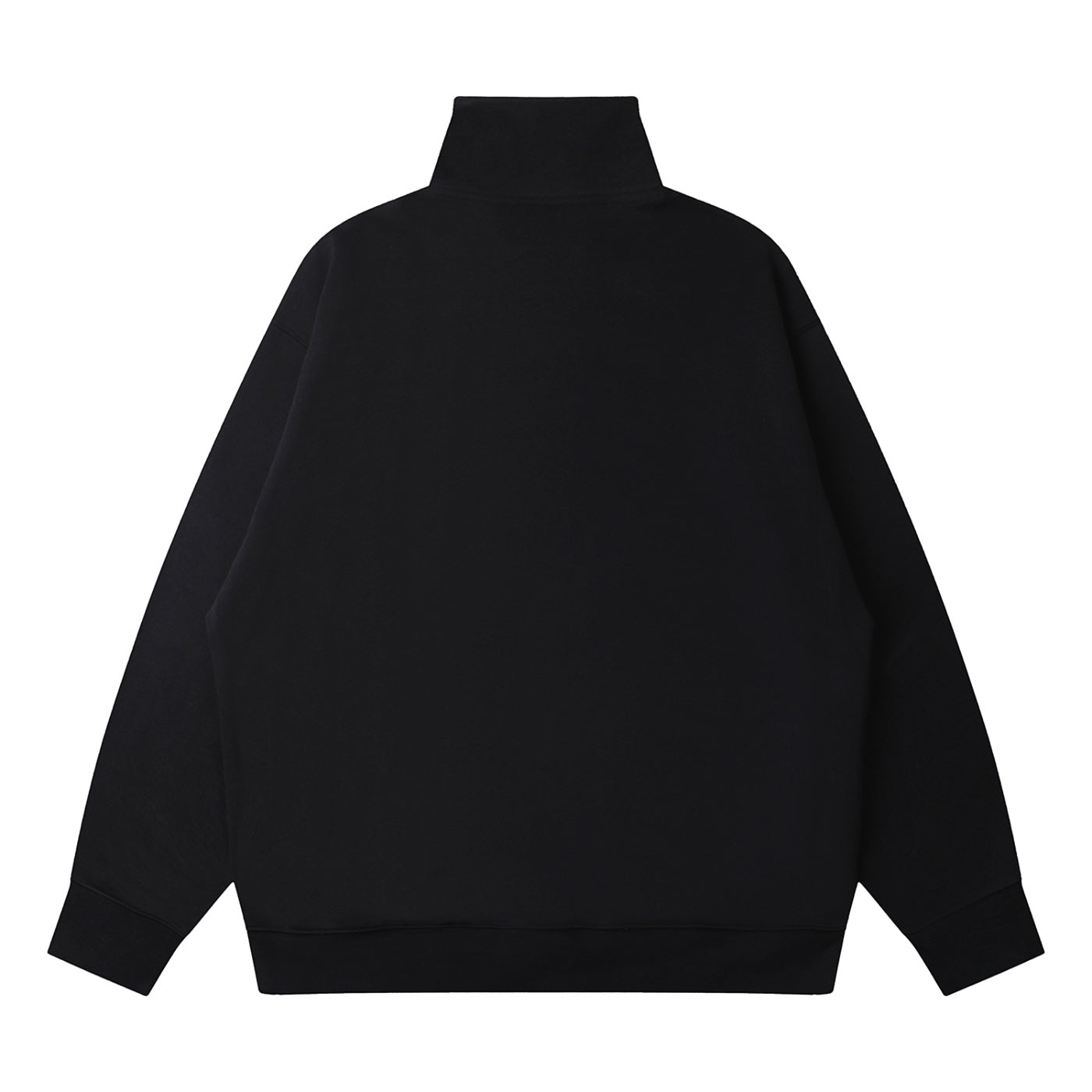 Back view of a black Anointed Garments unisex quarter zip pullover sweatshirt with ribbed cuffs and hem.