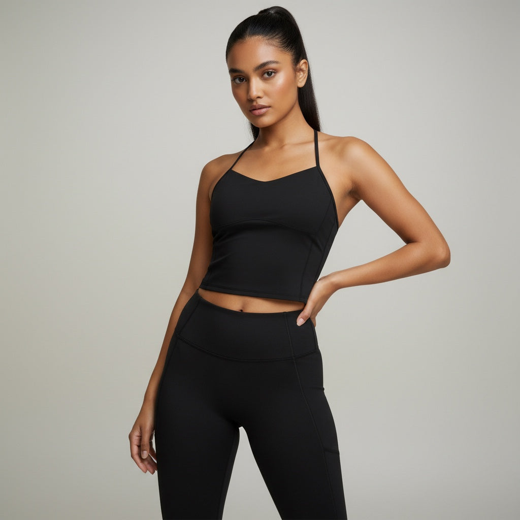 Anointed Garments black racerback performance crop tank top worn by a woman with high ponytail against grey background