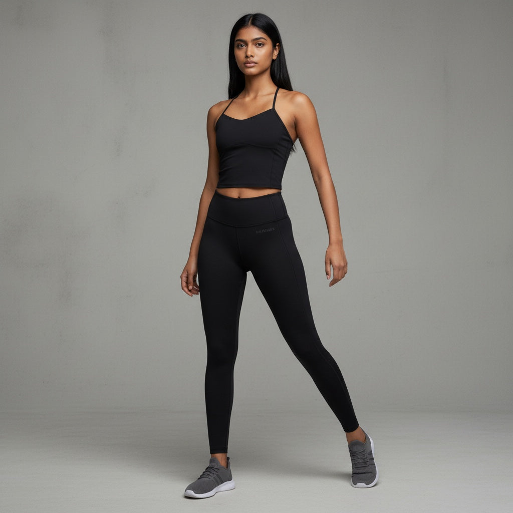 Anointed Garments black racerback performance crop tank top worn by a model with matching leggings and grey sneakers.