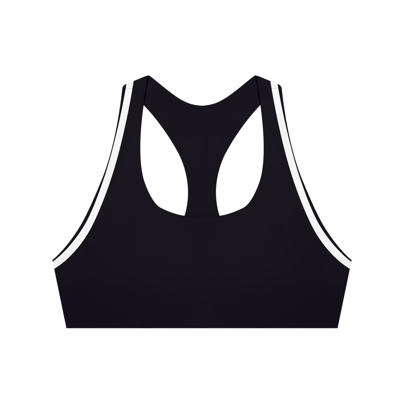 Anointed Garments black racerback sports bra with white contrast piping for medium-impact workouts.