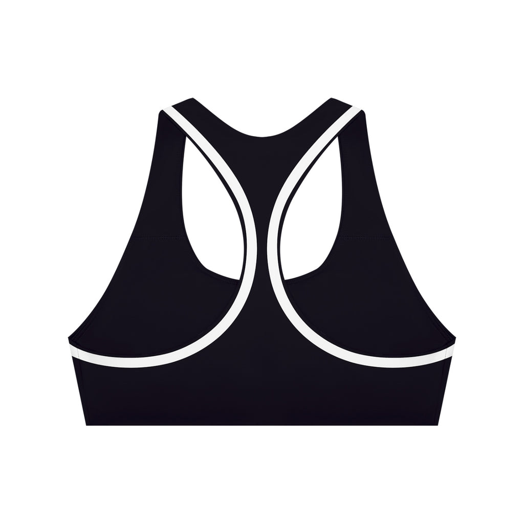 Anointed Garments black racerback sports bra with white contrast piping, moisture-wicking fabric for medium-impact workouts.