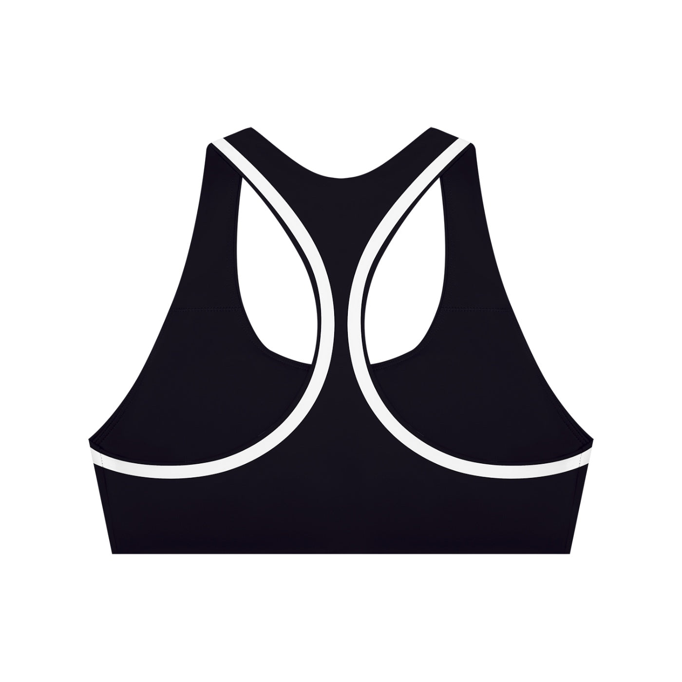 Anointed Garments black racerback sports bra with white contrast piping, moisture-wicking fabric for medium-impact workouts.