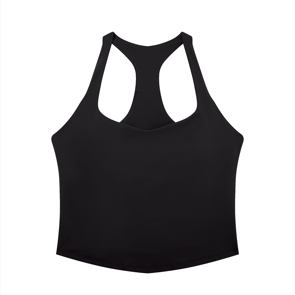 Anointed Garments black racerback performance tank top in moisture-wicking nylon spandex for gym and athleisure wear.