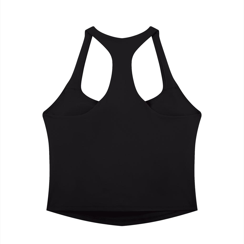 Anointed Garments black racerback performance tank top made from moisture-wicking nylon spandex for athletic training.