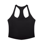 Anointed Garments black tight fit yoga tank top with a racerback design, made from stretchy nylon and spandex.