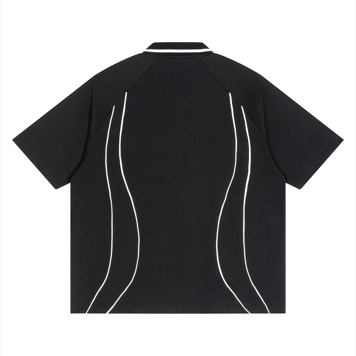Anointed Garments unisex black cotton polo shirt with white raglan piping and short sleeves, back view.