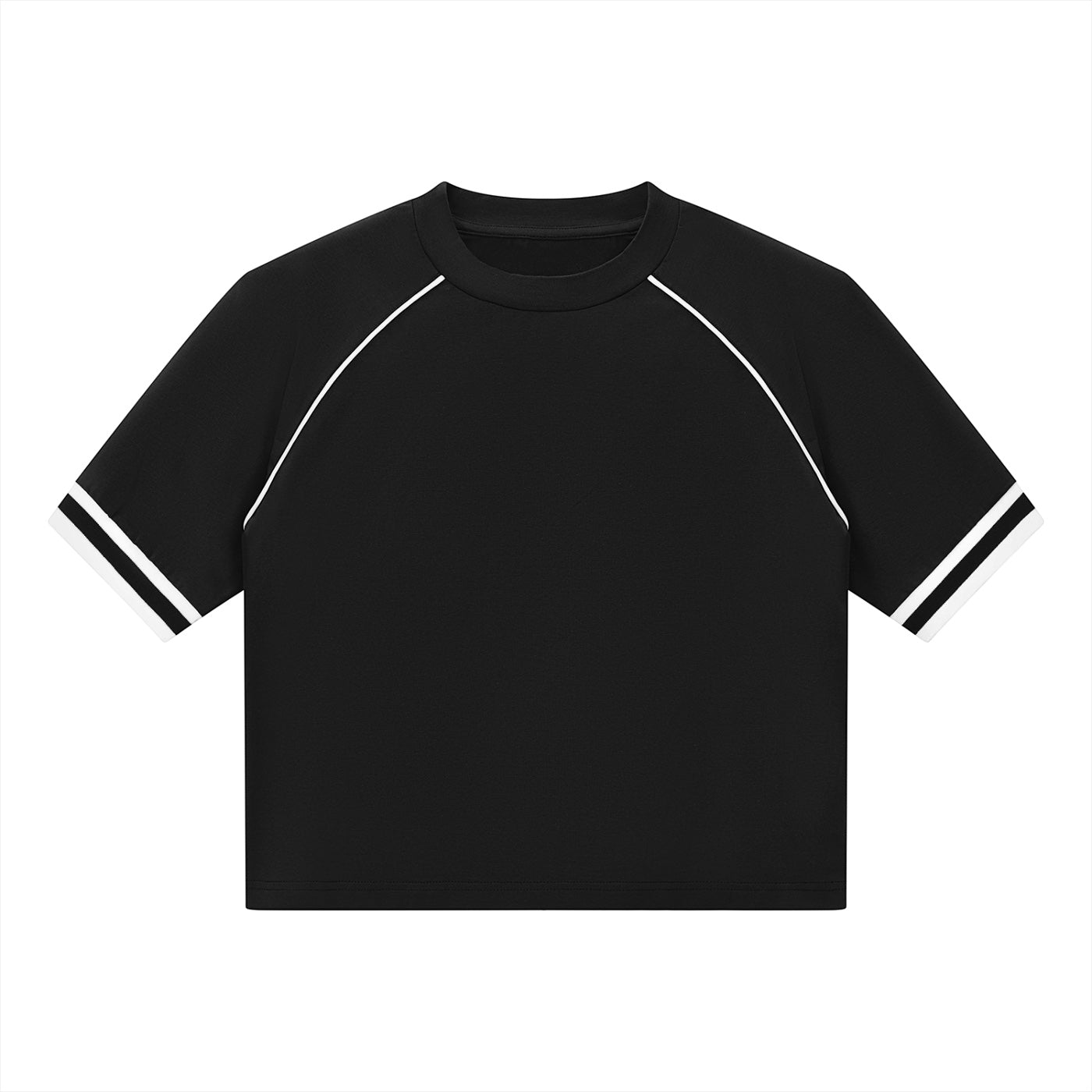 Anointed Garments black short-sleeve raglan t-shirt with white striped trim on sleeves and round neck.