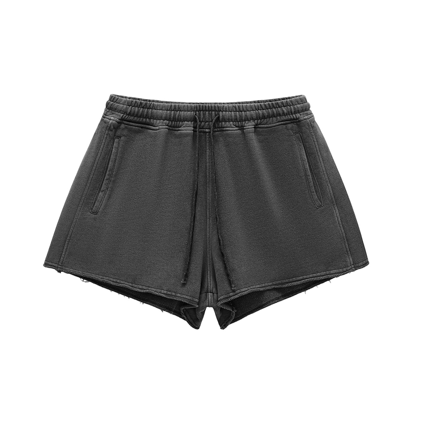 Anointed Garments snow washed black cotton shorts with a high waist, drawstring, and raw frayed hem.