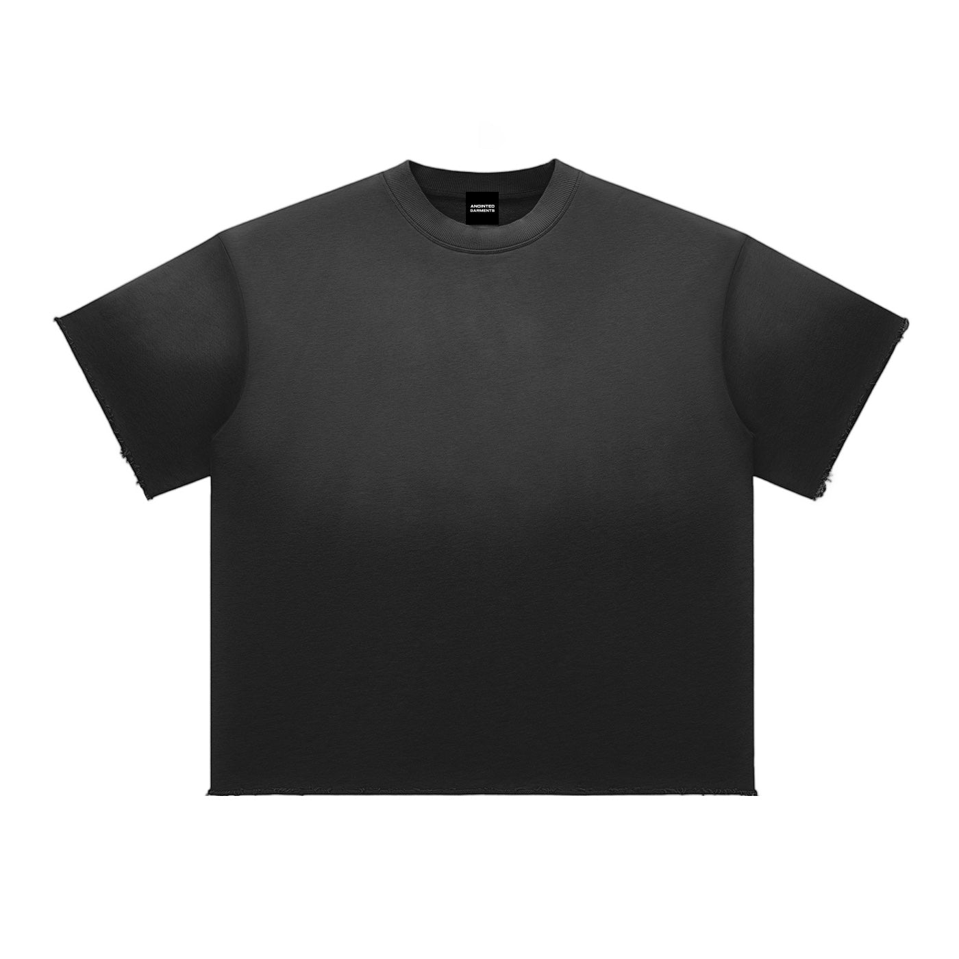 Anointed Garments unisex black short sleeve t-shirt with a loose drop shoulder fit and raw edge hem details.