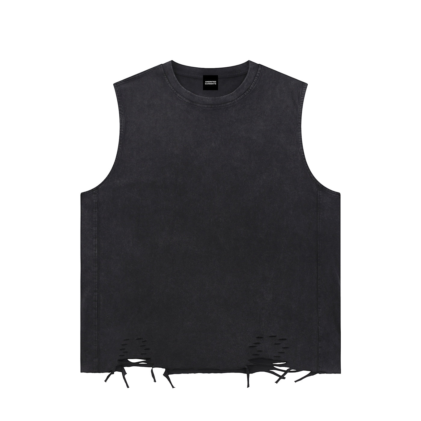 Anointed Garments unisex black snow washed cotton tank top with a distressed raw-hem and round neck design.