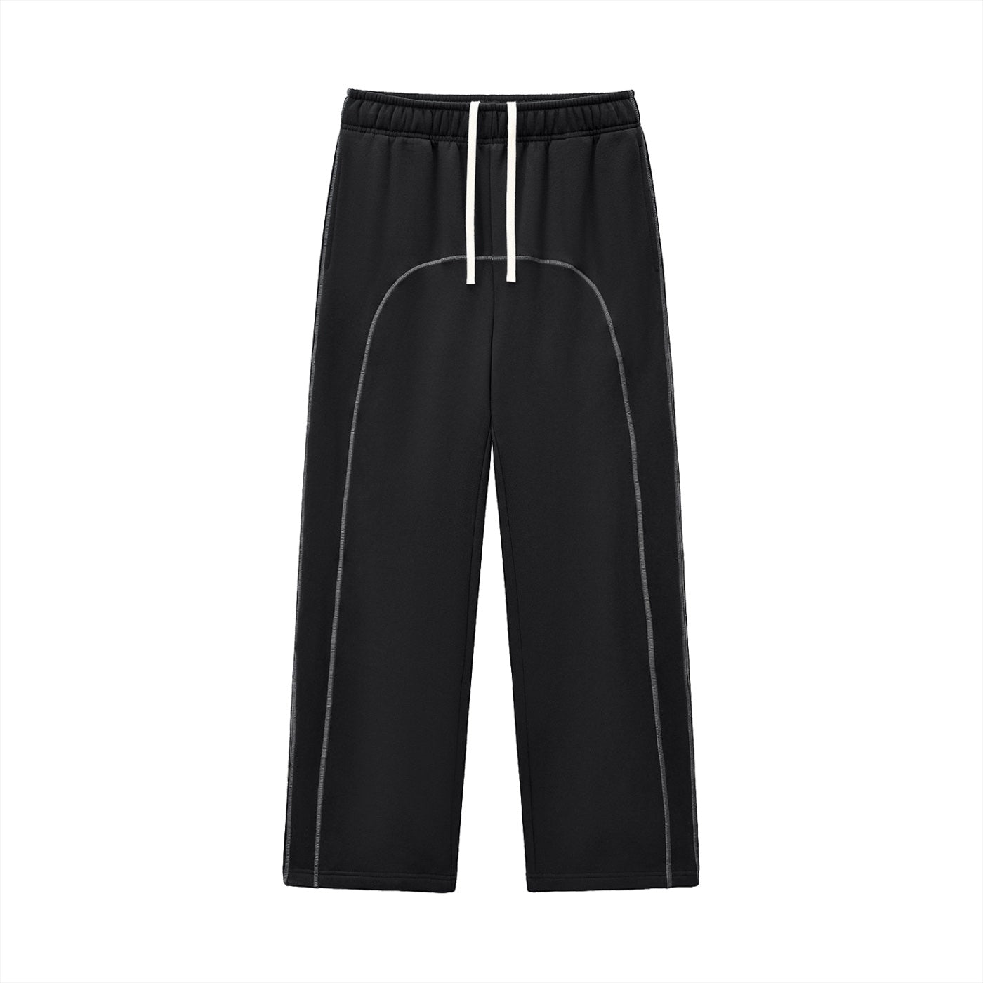 Anointed Garments black relaxed fit sweatpants with white drawstring and architectural front seam detailing.