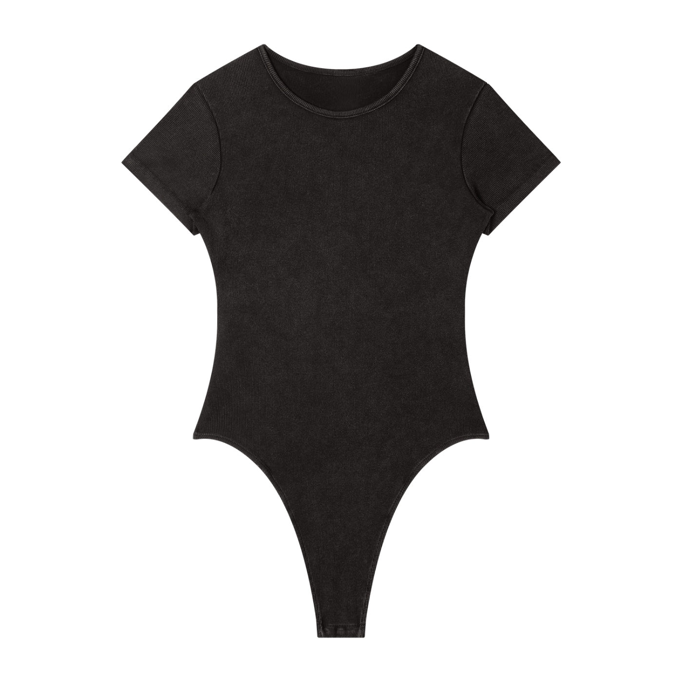 Anointed Garments black short sleeve ribbed bodysuit with a crew neckline and form-fitting bodycon silhouette.