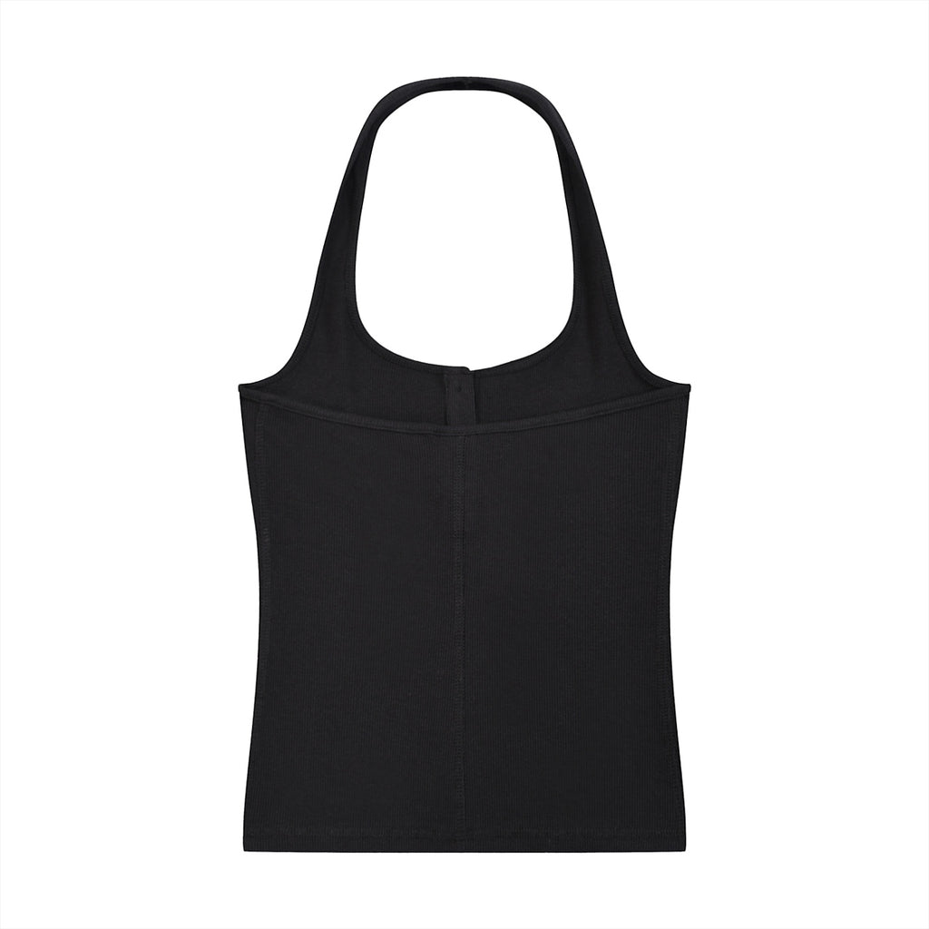 Anointed Garments black ribbed knit halter neck tank top with a button-front placket and sleeveless design.